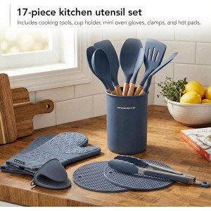 OVENTE Silicone Cooking Utensils Set, 17pcs Heat Resistant Kitchen Tools and Gadgets for Nonstick Cookware, BPA Free Spatula Set with Wooden Handle, Cup Holder, Oven Gloves and Hot Pads, Blue SPS17BL