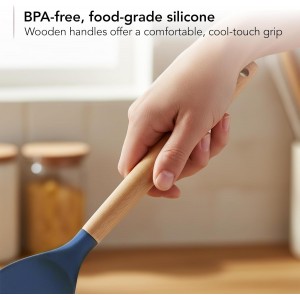 OVENTE Silicone Cooking Utensils Set, 17pcs Heat Resistant Kitchen Tools and Gadgets for Nonstick Cookware, BPA Free Spatula Set with Wooden Handle, Cup Holder, Oven Gloves and Hot Pads, Blue SPS17BL