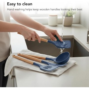 OVENTE Silicone Cooking Utensils Set, 17pcs Heat Resistant Kitchen Tools and Gadgets for Nonstick Cookware, BPA Free Spatula Set with Wooden Handle, Cup Holder, Oven Gloves and Hot Pads, Blue SPS17BL