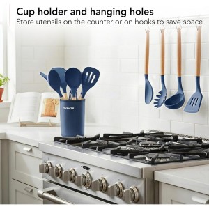 OVENTE Silicone Cooking Utensils Set, 17pcs Heat Resistant Kitchen Tools and Gadgets for Nonstick Cookware, BPA Free Spatula Set with Wooden Handle, Cup Holder, Oven Gloves and Hot Pads, Blue SPS17BL