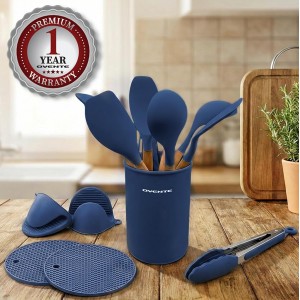 OVENTE Silicone Cooking Utensils Set, 17pcs Heat Resistant Kitchen Tools and Gadgets for Nonstick Cookware, BPA Free Spatula Set with Wooden Handle, Cup Holder, Oven Gloves and Hot Pads, Blue SPS17BL