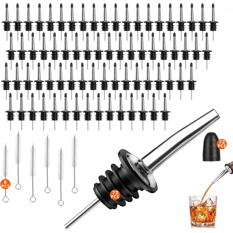 72 PACK Femilkt Liquor Pour Spout With Dust Caps,Stainless Steel Pourers Spouts for Liquor Bottles,Bottle Pourers for Alcohol, Olive Oil - Speed Pourers, Bar Bartender Accessories