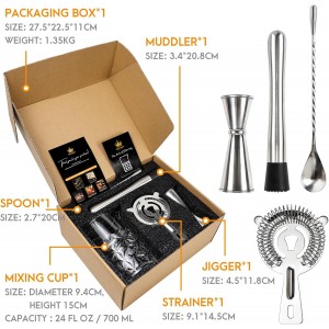 Cocktail Mixing Glass Kit, 24 OZ Crystal Stirring Glass with Stainless Steel Bar Tools – 2 OZ 1 OZ Jigger, Muddler, Strainer, Spoon, Recipe – Bartender Gifts for Men, Elegant Barware for Home & Party
