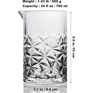 Cocktail Mixing Glass Kit, 24 OZ Crystal Stirring Glass with Stainless Steel Bar Tools – 2 OZ 1 OZ Jigger, Muddler, Strainer, Spoon, Recipe – Bartender Gifts for Men, Elegant Barware for Home & Party