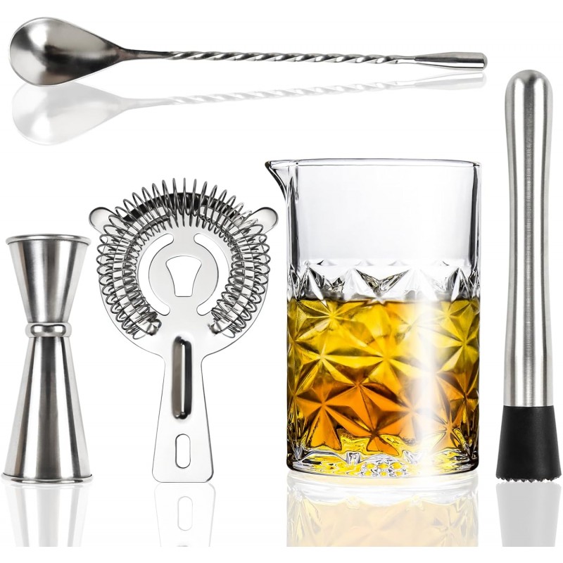 Cocktail Mixing Glass Kit, 24 OZ Crystal Stirring Glass with Stainless Steel Bar Tools – 2 OZ 1 OZ Jigger, Muddler, Strainer, Spoon, Recipe – Bartender Gifts for Men, Elegant Barware for Home & Party