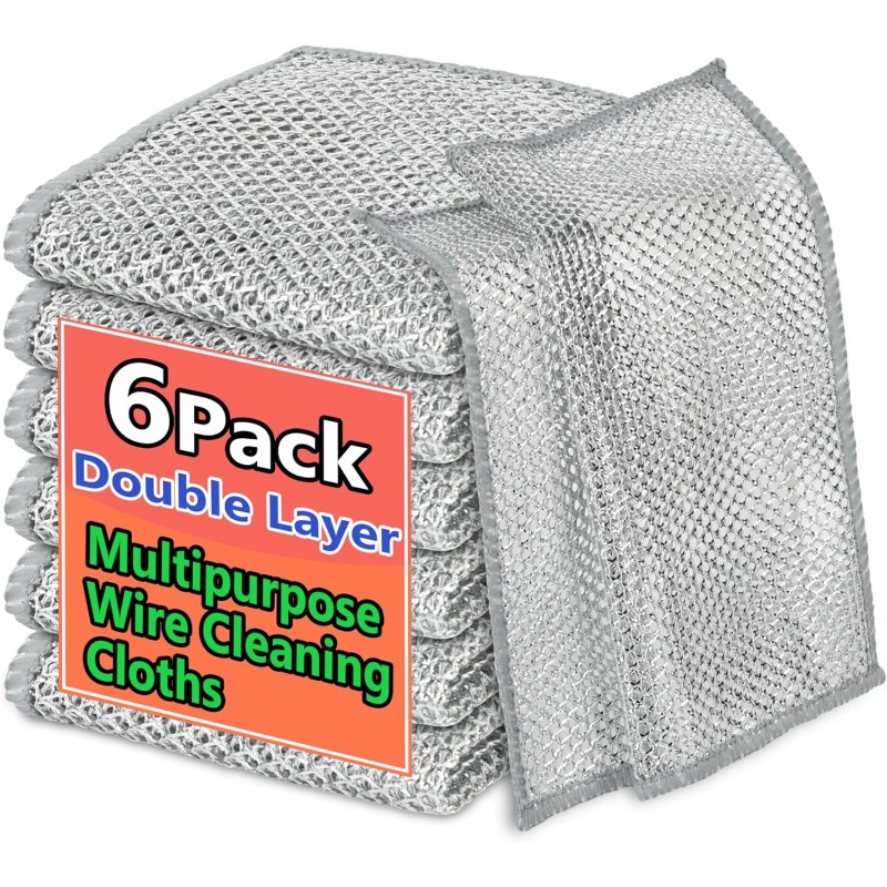 6PCS Double-Layer Wire Dishcloth, Non-Scratch Wire Dishwashing Rags, Multipurpose Wire Cleaning Cloths for Home/Kitchen(7.87''x7.87'')