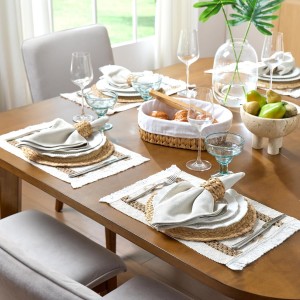 YANGQIHOME Boho Placemats Set of 6, Farmhouse Rustic Woven Placemats for Dining Table Decor, Handmade Braided Place Mats in Natural Cotton Jute and Water Straw for Kitchen Table