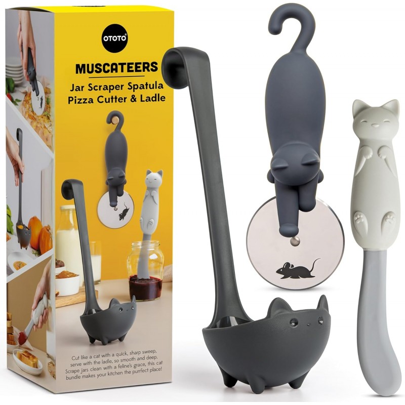 OTOTO Muscateers Bundle of Mary Cat, Katie, Kitty - Jar Scraper Spatula, Soup Ladle, Pizza Cutter - Cute Kitchen Accessories, Spooky Gothic Cat Gifts for Women, Kitchen Gifts, Halloween Gifts