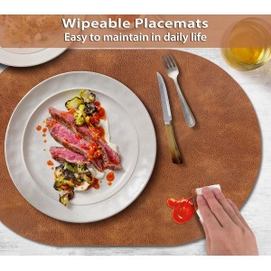 ADRIMER Placemats, Heat Resistant Oval Placemats Set of 4 Washable 12 x 17 Inch, Waterproof Table Mats, Wipeable Pu Place Mats for Kitchen, Dining Room, Turmeric Brown+Light Brown+Green+Blue