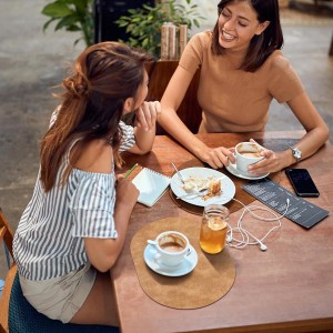 ADRIMER Placemats, Heat Resistant Oval Placemats Set of 4 Washable 12 x 17 Inch, Waterproof Table Mats, Wipeable Pu Place Mats for Kitchen, Dining Room, Turmeric Brown+Light Brown+Green+Blue