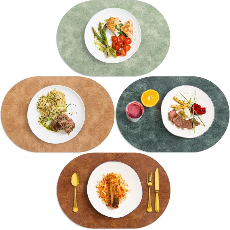 ADRIMER Placemats, Heat Resistant Oval Placemats Set of 4 Washable 12 x 17 Inch, Waterproof Table Mats, Wipeable Pu Place Mats for Kitchen, Dining Room, Turmeric Brown+Light Brown+Green+Blue