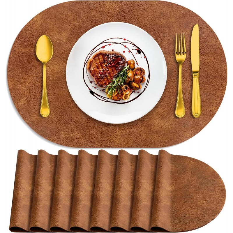 ADRIMER Placemats, Heat Resistant Oval Placemats Set of 8 Washable 12 x 17 Inch, Waterproof Table Mats, Wipeable Pu Place Mats for Kitchen, Dining Room, Turmeric Brown