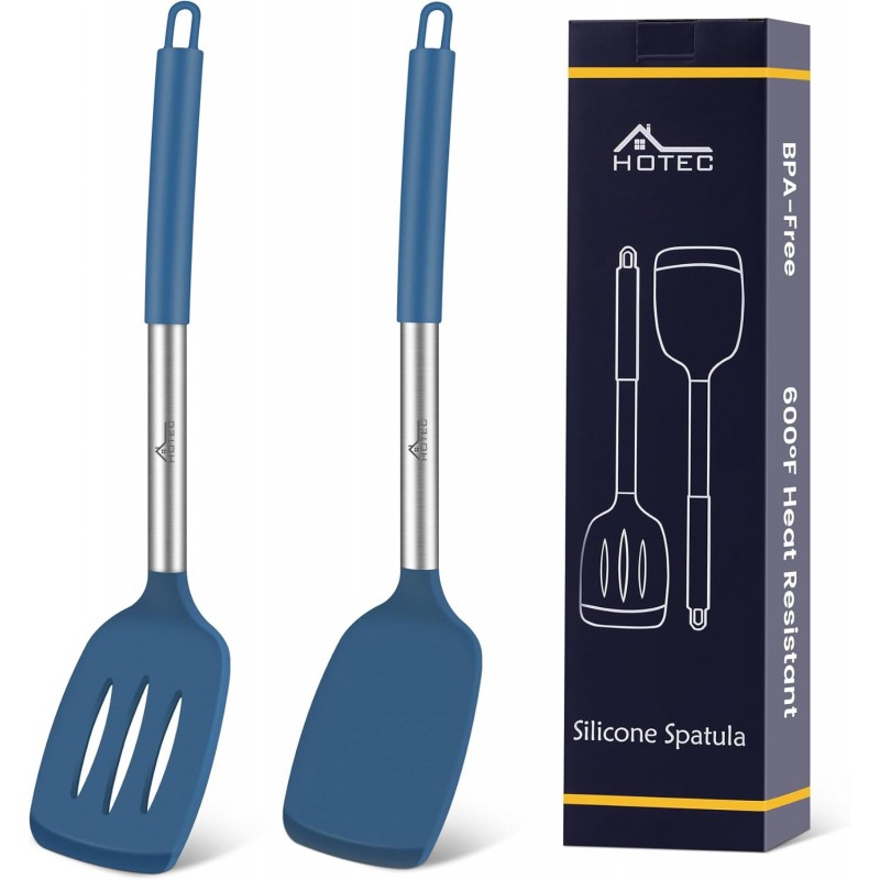 HOTEC Silicone Spatula Set of 2 Heat-Resistant 600°F & BPA-Free Kitchen SaptulaTurner with Stainless Steel Handles, Slotted & Solid Spatulas for Nonstick Cookware, 13.7 Inch, Classic Blue