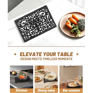 Black Rectangle Cast Iron Trivet 2-Pack for Kitchen & Dining - Heavy-Duty Hot Dish Pads, Decorative Heat Resistant Pot Holders with Raised Feet