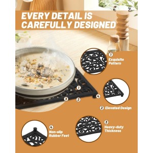 Black Rectangle Cast Iron Trivet 2-Pack for Kitchen & Dining - Heavy-Duty Hot Dish Pads, Decorative Heat Resistant Pot Holders with Raised Feet