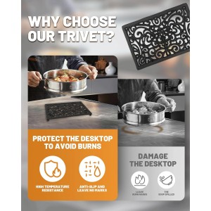 Black Rectangle Cast Iron Trivet 2-Pack for Kitchen & Dining - Heavy-Duty Hot Dish Pads, Decorative Heat Resistant Pot Holders with Raised Feet