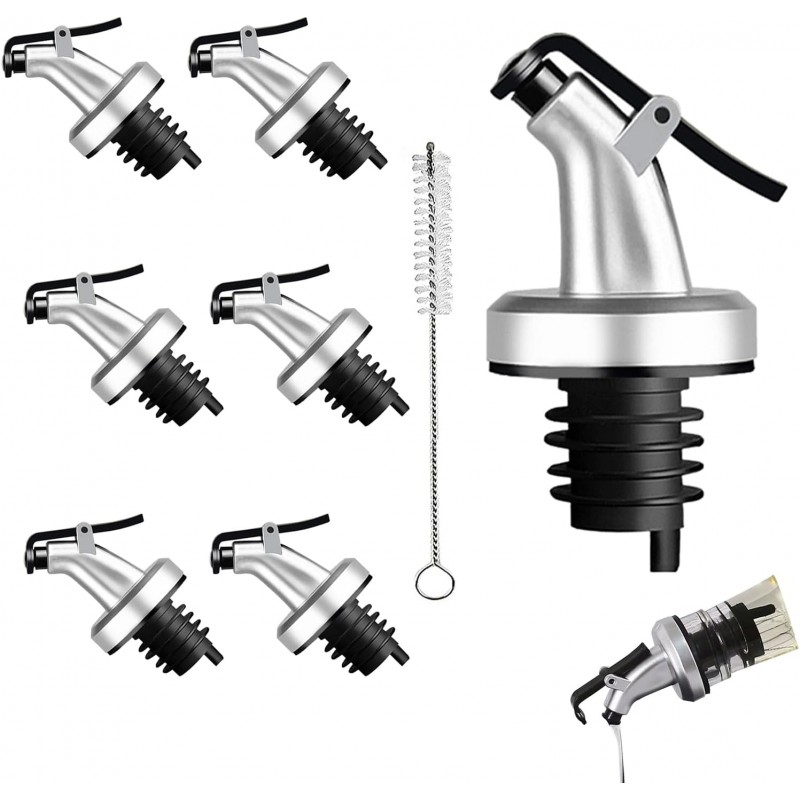 7-Pack Professional Oil Pour Spouts - Extra Wide Mouth for Syrup & Soy Sauce Bottles + Standard Wine Stoppers (Silver)