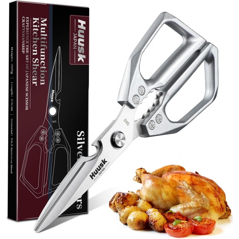 HUUSK Kitchen Scissors All Purpose - Stainless Steel Kitchen Shear, Sharp Silver Meat Scissors Dishwasher Safe, Heavy Duty Poultry Shears, Japanese Cooking Scissor for Food, Christmas Gifts for Women