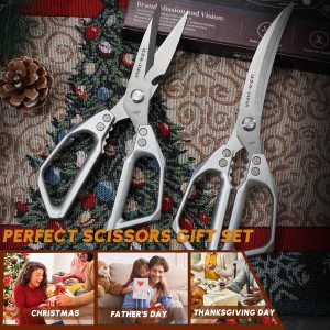 HUUSK Kitchen Scissors Set Silver - Stainless Steel Kitchen Shear, Sharp Meat Scissors Dishwasher Safe, Heavy Duty Poultry Shears, Japanese Cooking Scissor for Food, Christmas Gifts for Men Women