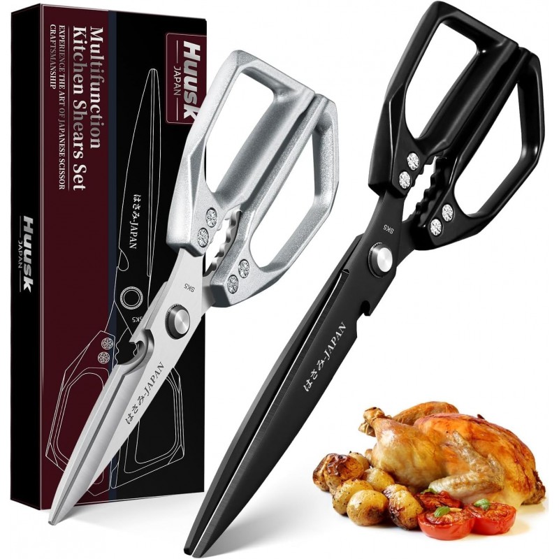 HUUSK Kitchen Shears Set Upgraded - Stainless Steel Kitchen Scissors, Sharp Meat Scissors, Heavy Duty Poultry Shear, Japanese Cooking Scissor for Food, Dishwasher Safe, Christmas Gifts for Men Women