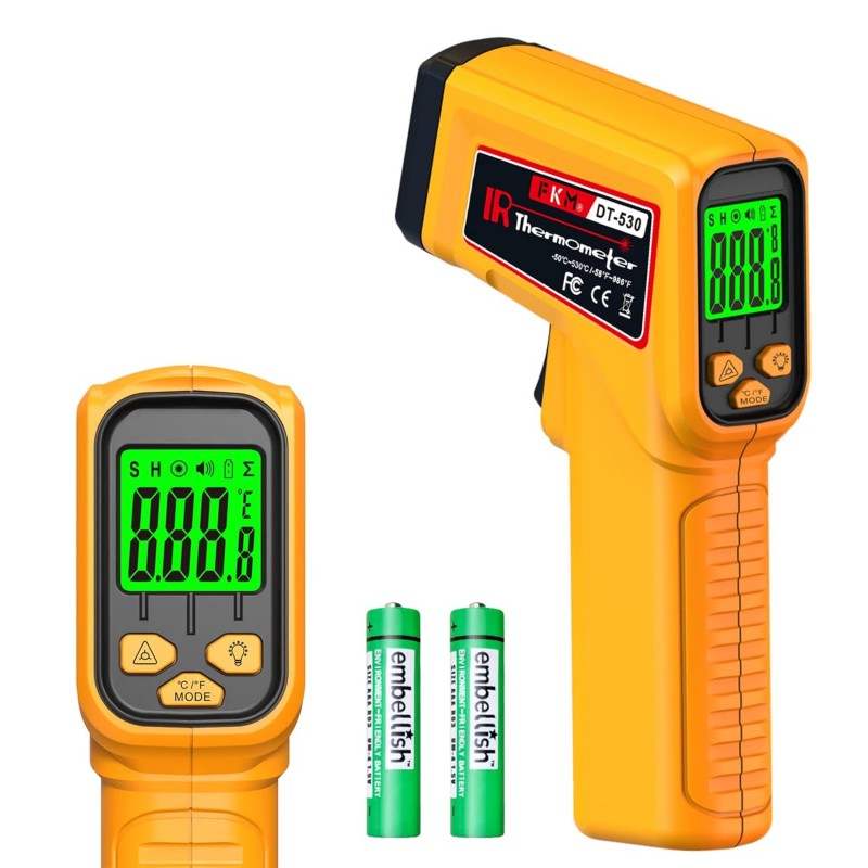 FKM Infrared Thermometer Gun Non-Contact Laser Temperature Gun,-58°F~986°F(-50°C~530°C) AdjustableEmissivity,Digital Thermometer Gun for Industrial,Kitchen Cooking,Oven,Automotive,HVAC,Not for Human