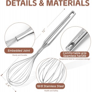 Stainless Steel Whisk Metal Whisk Balloon Wire Baking Whisks for Cooking Kitchen Whisking Beating Blending 12inch,Dishwasher Safe