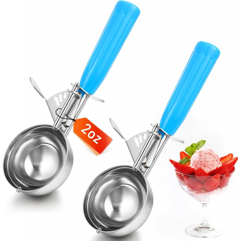 2 Pcs Release Cookie Scoops Ice Cream Scooper with Trigger Release Portion Scoop Stainless Steel for Portion Control, Baking Food, Cookie Dough, Cupcake Batter (2 oz,Blue)