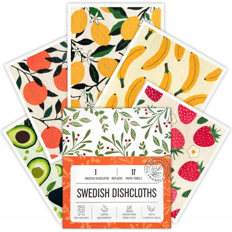Swedish Dishcloths for Kitchen, Swedish Dish Cloths 5 Pack, Super Absorbent Reusable Paper Towels Washable, Biodegradable, Quick Drying, Dishwasher Safe