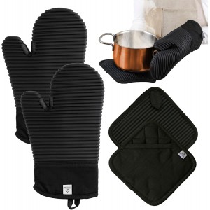 Extra Long Silicone Oven Mitts and Pot Holders Sets | Heat Resistant 500°F BPA-Free Food Grade Silicone Hot Pads & Kitchen Mittens | 4-Piece Set of Oven Gloves & Potholders for Kitchens.