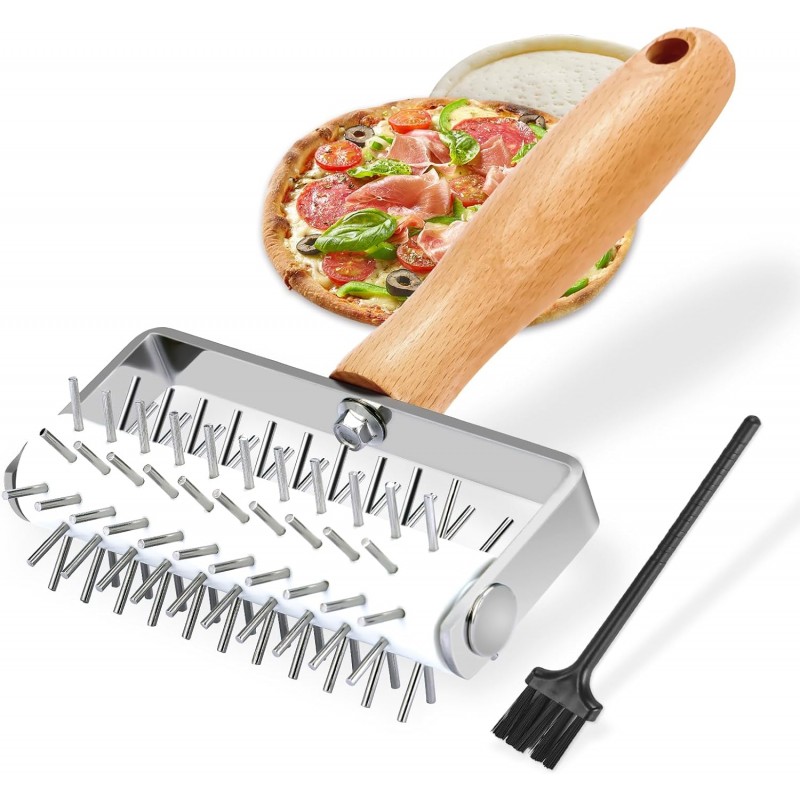 Pizza Dough Docker, Professional Dough Roller with Wooden Handle, Sturdy Pizza Docking Tool that Prevents Dough from Blistering, Time-Saver for Making Pizza Cookie Pie Pastry