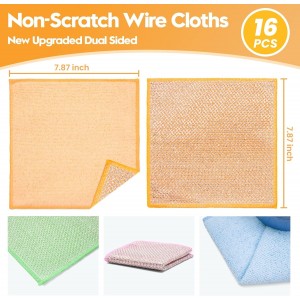 16 Pcs Multipurpose Wire Dishwashing Rags, Upgraded Dual-Sided Non Scratch Wire Dishcloth, Reusable Metal Wash Cloth, Steel Wool Cleaning Cloths for Kitchen, Cookware, Sinks, Stove Tops