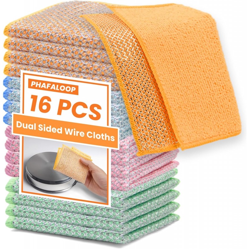 16 Pcs Multipurpose Wire Dishwashing Rags, Upgraded Dual-Sided Non Scratch Wire Dishcloth, Reusable Metal Wash Cloth, Steel Wool Cleaning Cloths for Kitchen, Cookware, Sinks, Stove Tops