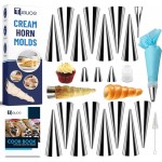 Cream Horn Molds for Baking, 23pcs Horn Forms Set, Non-stick Stainless Steel 15pcs Cone Shaped with Cleaning Brush, Piping Tip, Piping Bag, for ice Cream Cones, Puff Pastry, Baking Cones