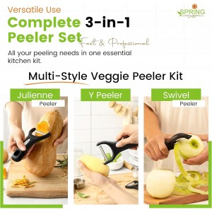Spring Chef Vegetable Peelers for Kitchen - Stainless Steel Swivel, Y & Julienne Peelers, Potato Peelers with Soft Grip Handles, Kitchen Utensils Set of 3 for Fruits, Veggies, Apples, Carrots