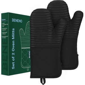 Beneno Kitchen Oven Mitts 2-Pack Heat Resistant to 500°F with Non-Slip Silicone Grip, Extra Long 14.3