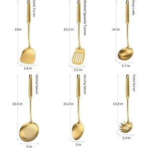 304 Stainless Steel Cooking Utensil,Kitchen Utensil with Spatula, Solid Spoon, Ladle, Skimmer, Spaghetti Spoon, 6 Piece Set, Dishwasher Safe(Gold)