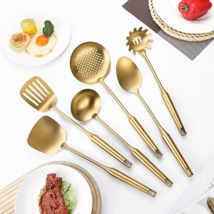 304 Stainless Steel Cooking Utensil,Kitchen Utensil with Spatula, Solid Spoon, Ladle, Skimmer, Spaghetti Spoon, 6 Piece Set, Dishwasher Safe(Gold)