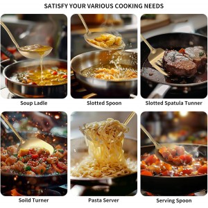 304 Stainless Steel Cooking Utensil,Kitchen Utensil with Spatula, Solid Spoon, Ladle, Skimmer, Spaghetti Spoon, 6 Piece Set, Dishwasher Safe(Gold)