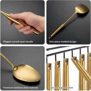 304 Stainless Steel Cooking Utensil,Kitchen Utensil with Spatula, Solid Spoon, Ladle, Skimmer, Spaghetti Spoon, 6 Piece Set, Dishwasher Safe(Gold)