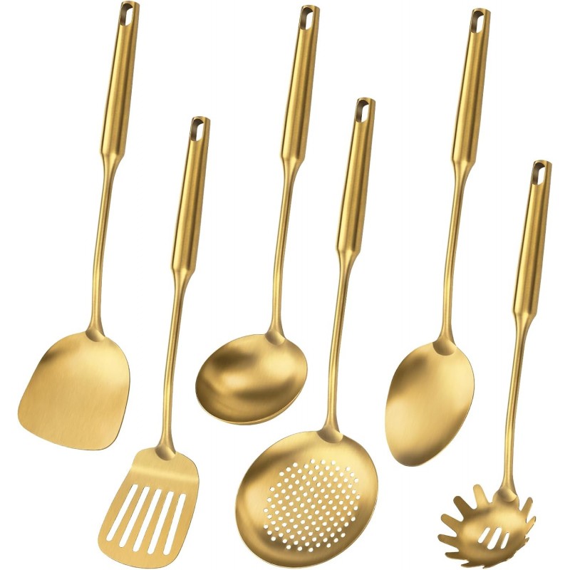 304 Stainless Steel Cooking Utensil,Kitchen Utensil with Spatula, Solid Spoon, Ladle, Skimmer, Spaghetti Spoon, 6 Piece Set, Dishwasher Safe(Gold)