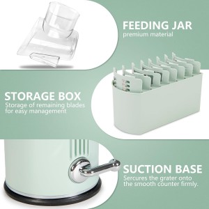 Rotary Cheese Grater with Handle: 5-in-1 Cheese Grater Hand Crank, Strong Suction Base for Fruit Vegetables Nuts with Blade Storage Box (Green)