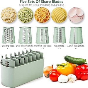 Rotary Cheese Grater with Handle: 5-in-1 Cheese Grater Hand Crank, Strong Suction Base for Fruit Vegetables Nuts with Blade Storage Box (Green)