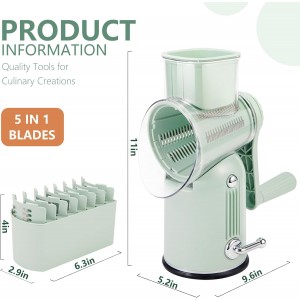 Rotary Cheese Grater with Handle: 5-in-1 Cheese Grater Hand Crank, Strong Suction Base for Fruit Vegetables Nuts with Blade Storage Box (Green)