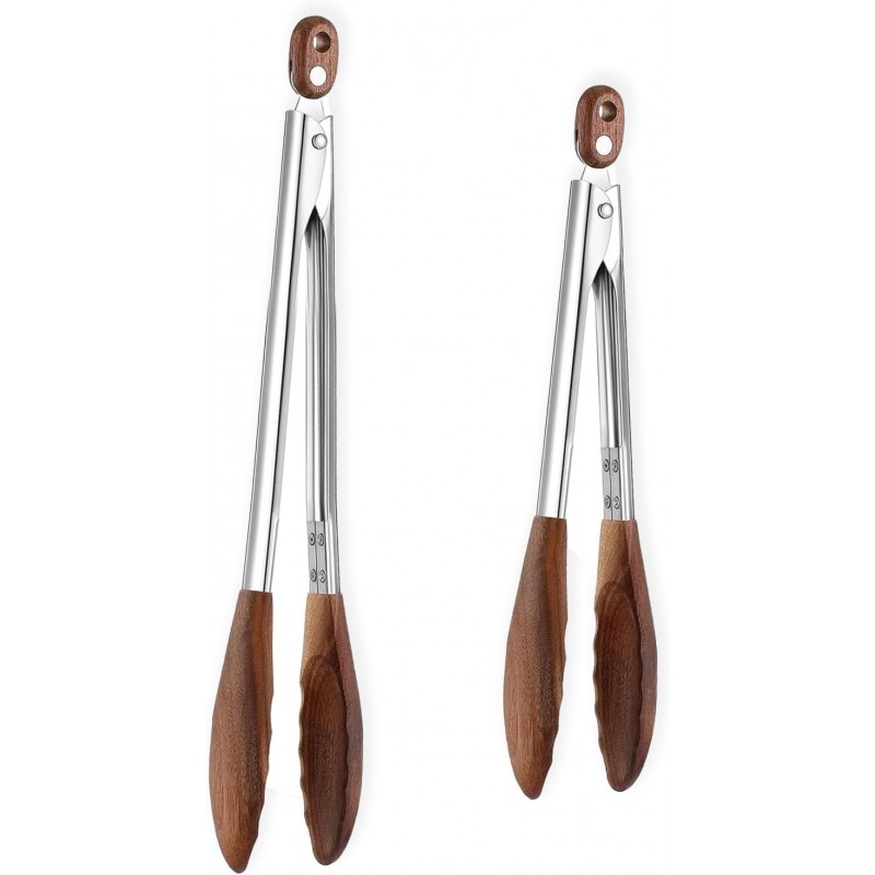 Wooden Tongs for Cooking Heat Resistant 2 Pcs 9 Inch 12 Inch Wooden Salad Tongs with Wood Tip for Serving Food Walnut Wood Kitchen Utensils for Toaster Home Chefs Gift Suitable for Non-stick Cookware