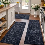 Kitchen Rug Sets of 3, Navy Boho Washable Non Slip Kitchen Mats for Floor Soft Runner Throw Rugs for Hallway Bathroom Laundry Front of Sink