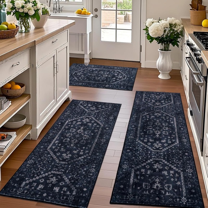 Kitchen Rug Sets of 3, Navy Boho Washable Non Slip Kitchen Mats for Floor Soft Runner Throw Rugs for Hallway Bathroom Laundry Front of Sink