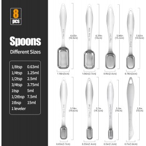 18/8 Stainless Steel Measuring Spoons: Doosu Heavy Duty Rectangular Spoon Square Teaspoon Tablespoon Scoop with Slim Long Handle in Narrow Spice Jar for Kitchen Baking Cooking (Set of 8 with Leveler)