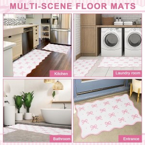 Tinideya Pink Bow Kitchen Rug Mat Set of 2 Scalloped Cute Non Slip Short Plush Kitchen Rug Coquette Aesthetic Room Decor Preppy Carpet Mat for Office Floor Sink Laundry 17