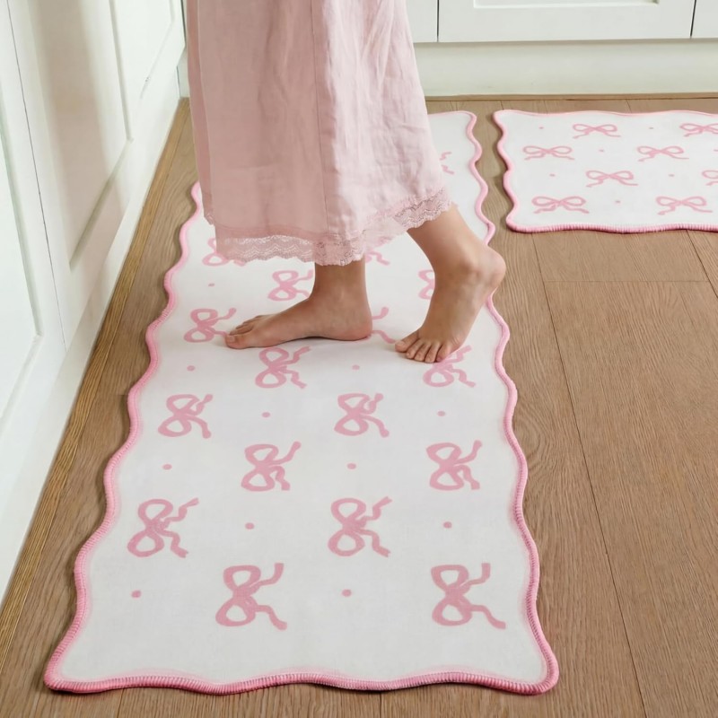 Tinideya Pink Bow Kitchen Rug Mat Set of 2 Scalloped Cute Non Slip Short Plush Kitchen Rug Coquette Aesthetic Room Decor Preppy Carpet Mat for Office Floor Sink Laundry 17