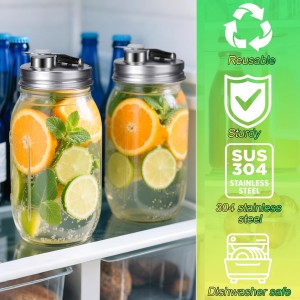 Mason Jar Pour Spout Lid Stainless Steel, Regular Mouth Pour Spout Flip Cap Lids for Mason Jars, Anticracking Leak Proof Seal Cover Airtight for Drinking Salad Dressing & Food Storing(2PCS)